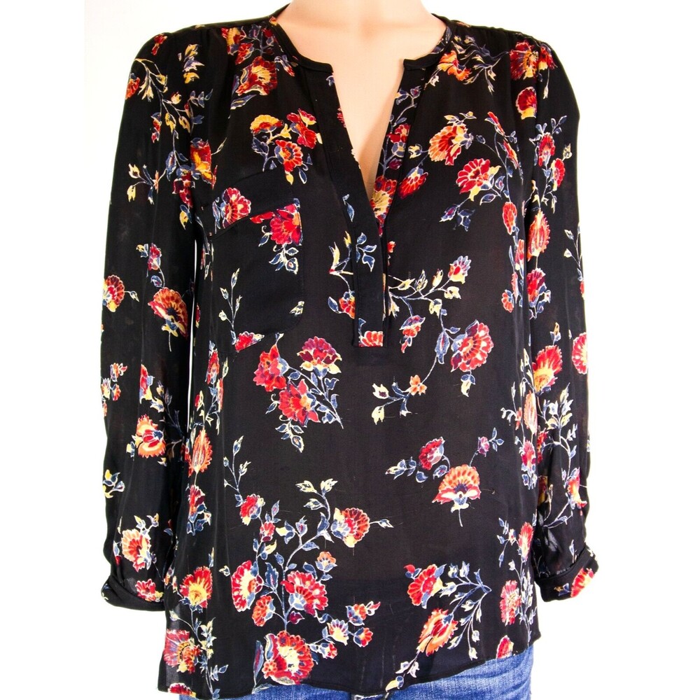 Joie 100% Silk Black Floral Printed Long Sleeve Blouse Pocket Size XS
